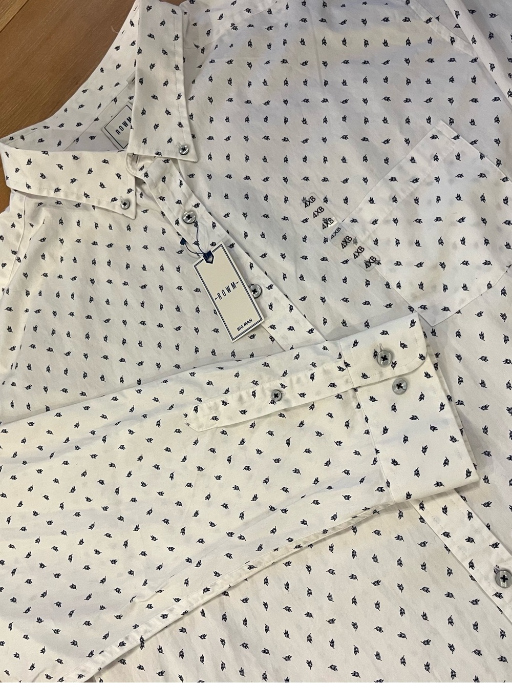 ROWM Big & Tall Men's 4XB White Blue Leaf Print Button Front Long Sleeve Shirt